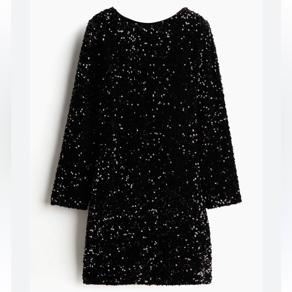 H&M Womens Black Seequin Bell Sleeve Mini Dress Medium Sparkle Holiday New Years